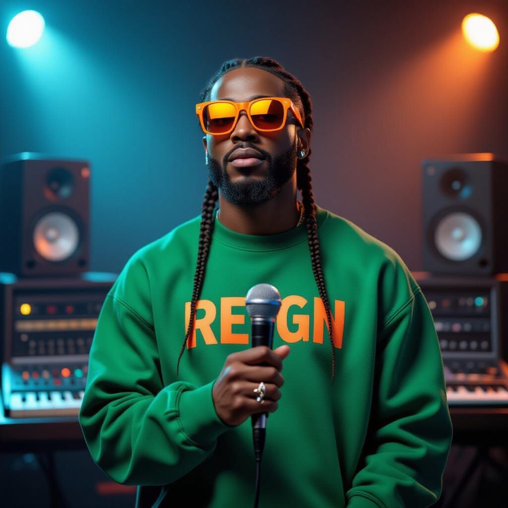 Musician in Studio with Microphone and Orange Accents
