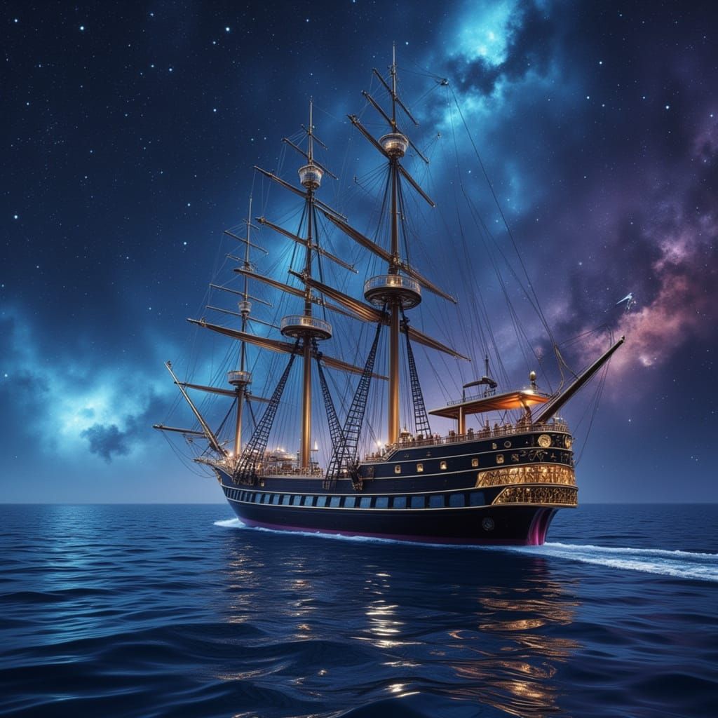 Cosmic Mast Ship Sails through Nebula in Vibrant, Escher-Ins...