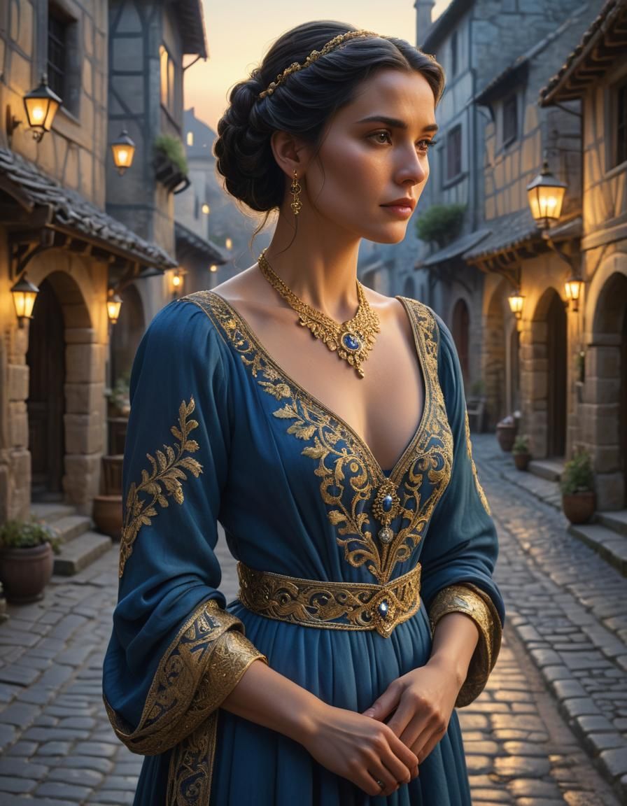 Woman in Blue Gown in Medieval Village