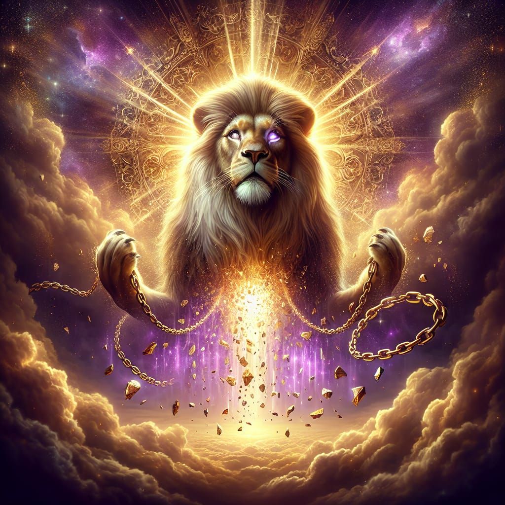 Lioness Shatters Chains in Ethereal Purple and Gold Sky
