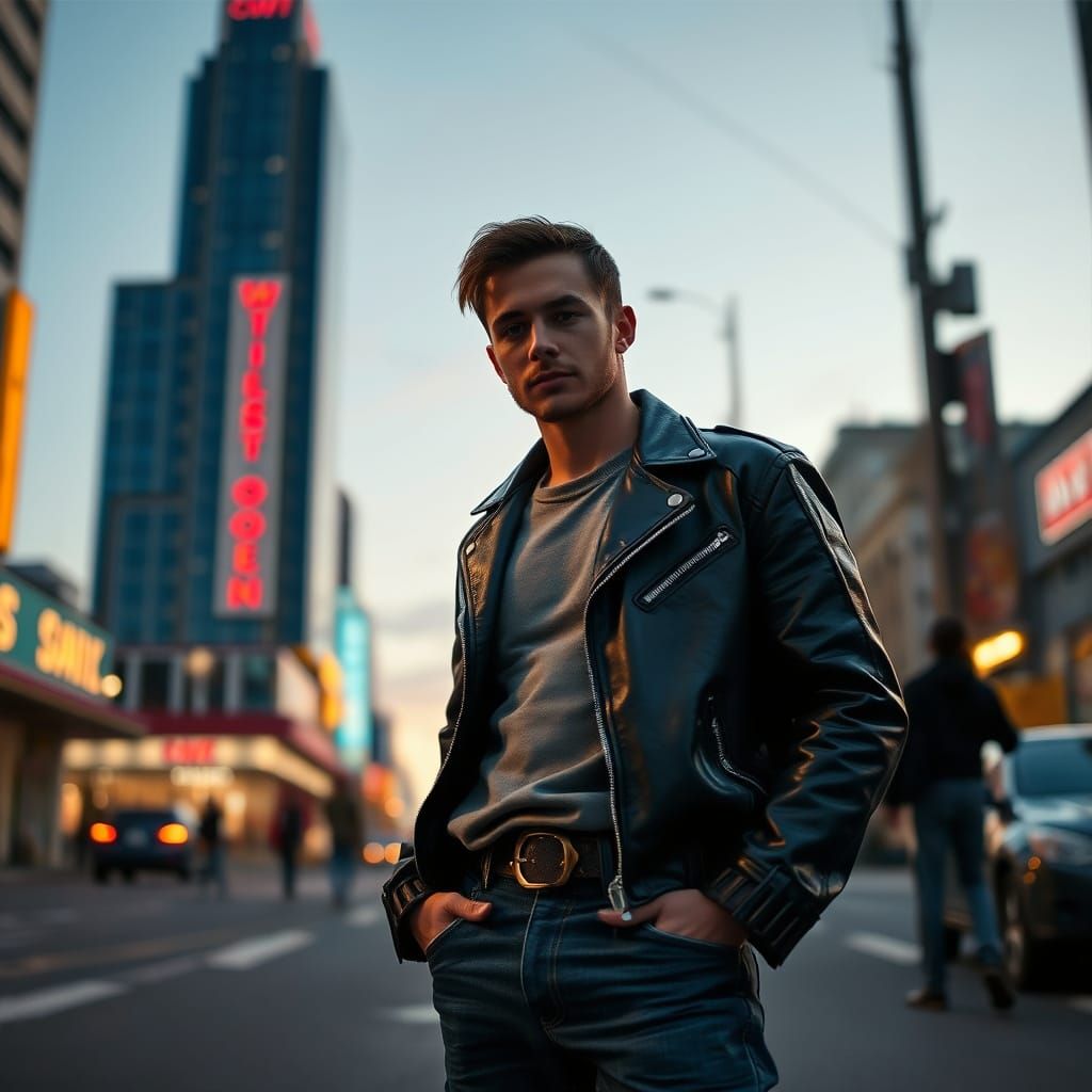 Mysterious Urban Hero at Dusk in a Cyberpunk Aesthetic