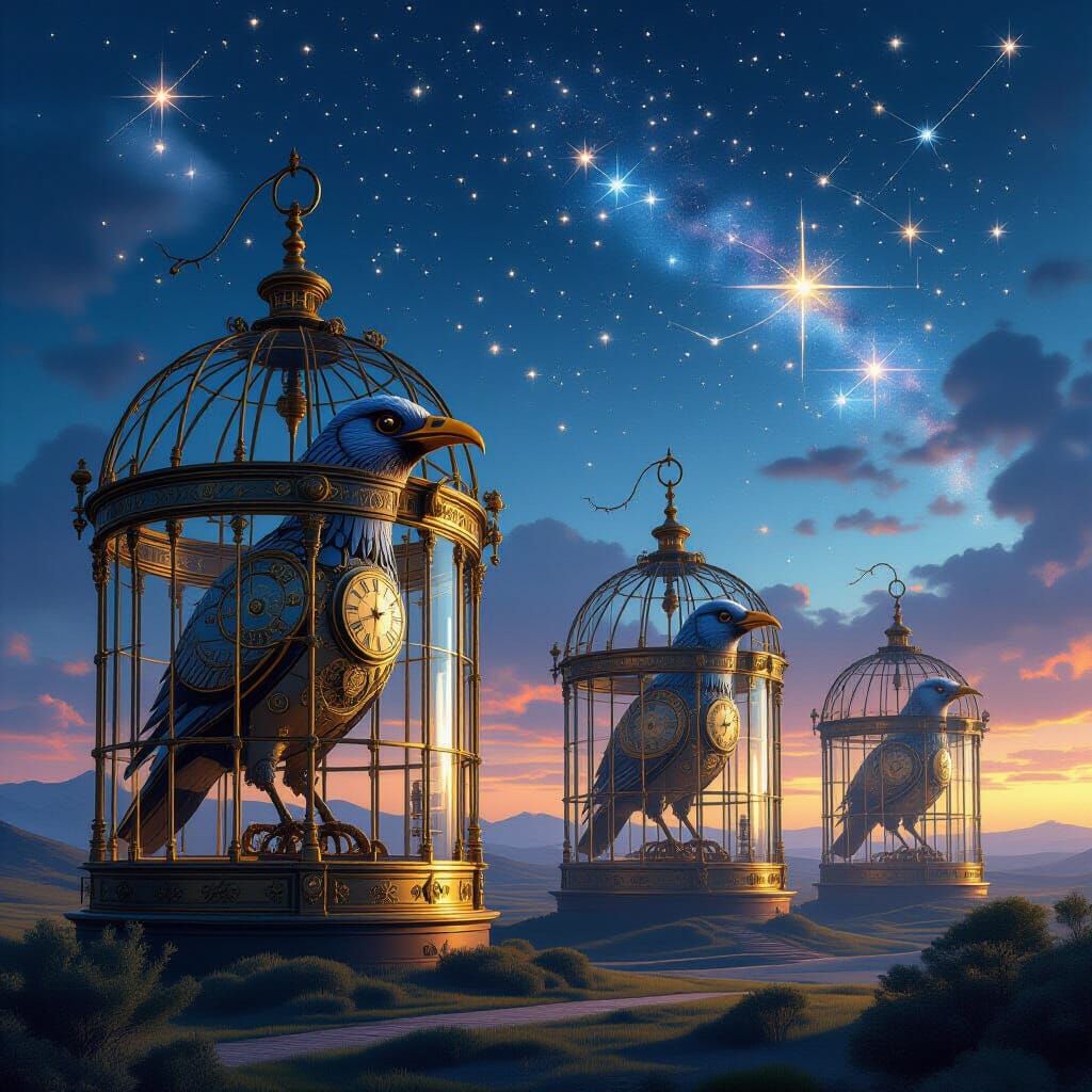 Clockwork Birds in Ornate Brass Cages Under Twilight Sky