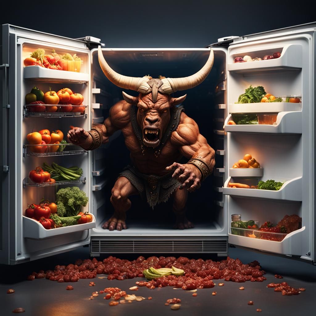 Minotaur Raids Fridge: Detailed Matte Painting