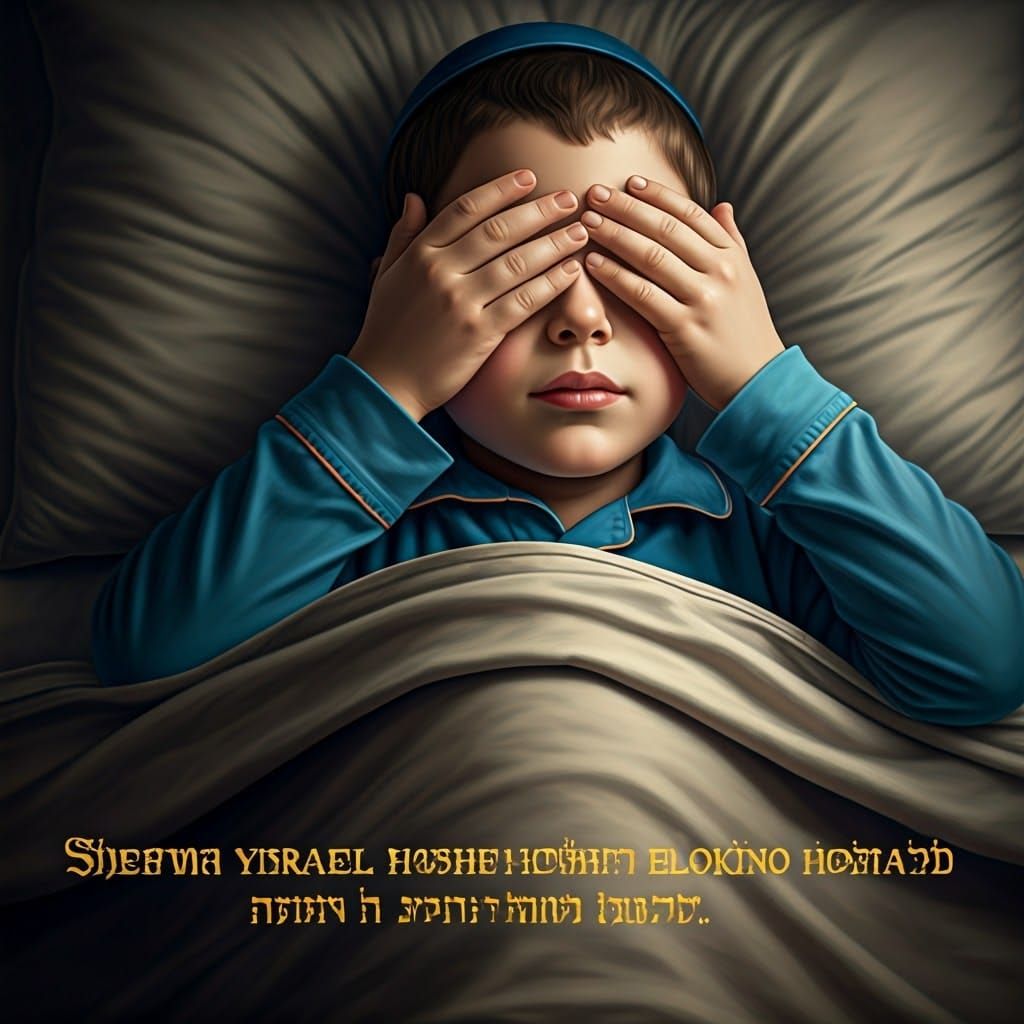 Sweet Jewish Boy in Bed with 'Shema Yisrael' Inscription