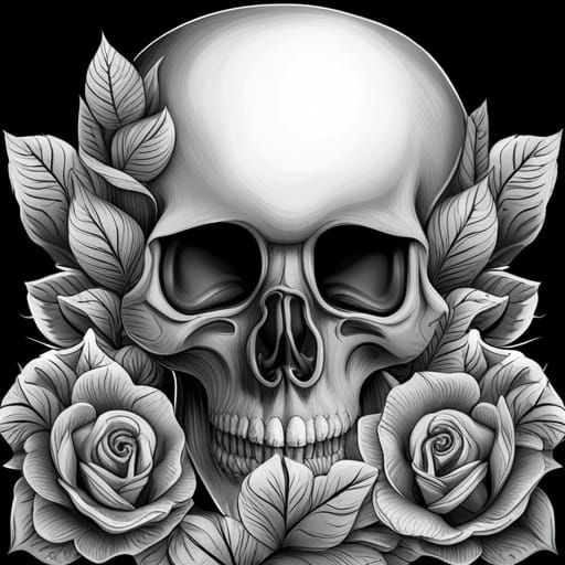 Ornate Skull with Flowers in Graveyard Scene