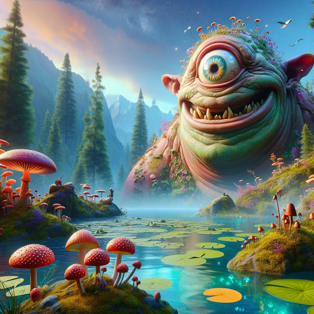 Vibrant Cyclops in a Serene Fantasy Landscape
