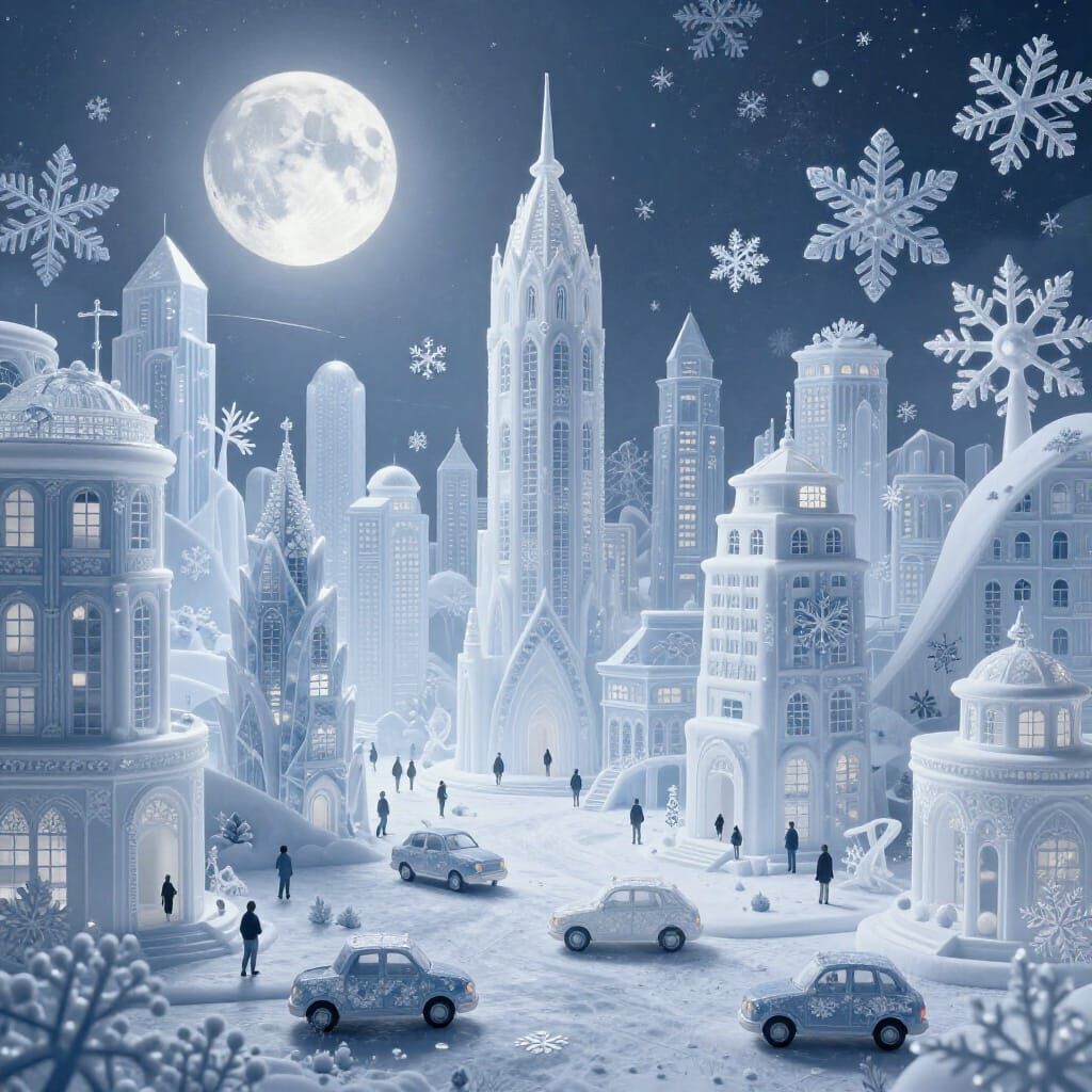 Snowflake City Under Winter Moon