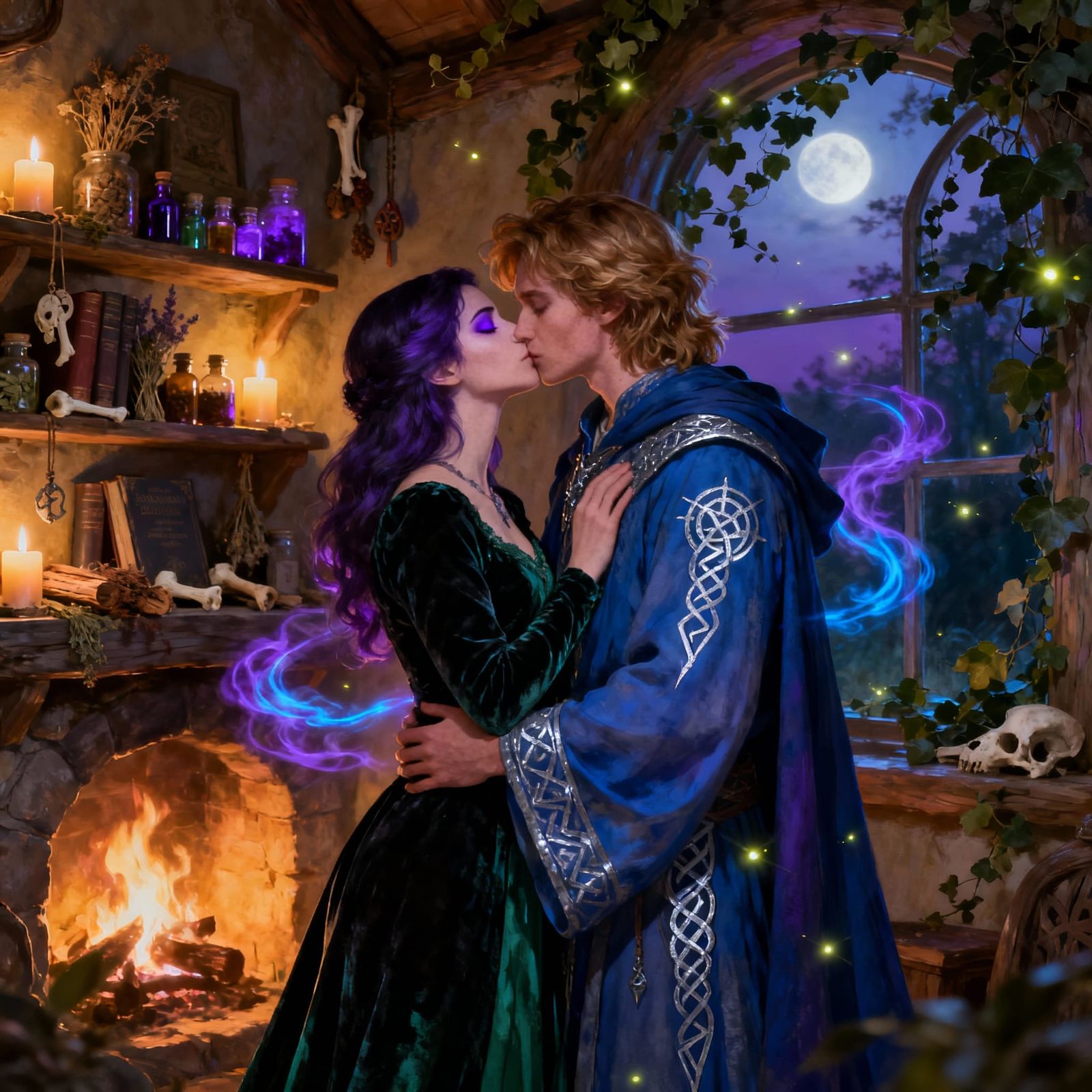 Fantasy Couple's Magical Kiss in Enchanted Cottage