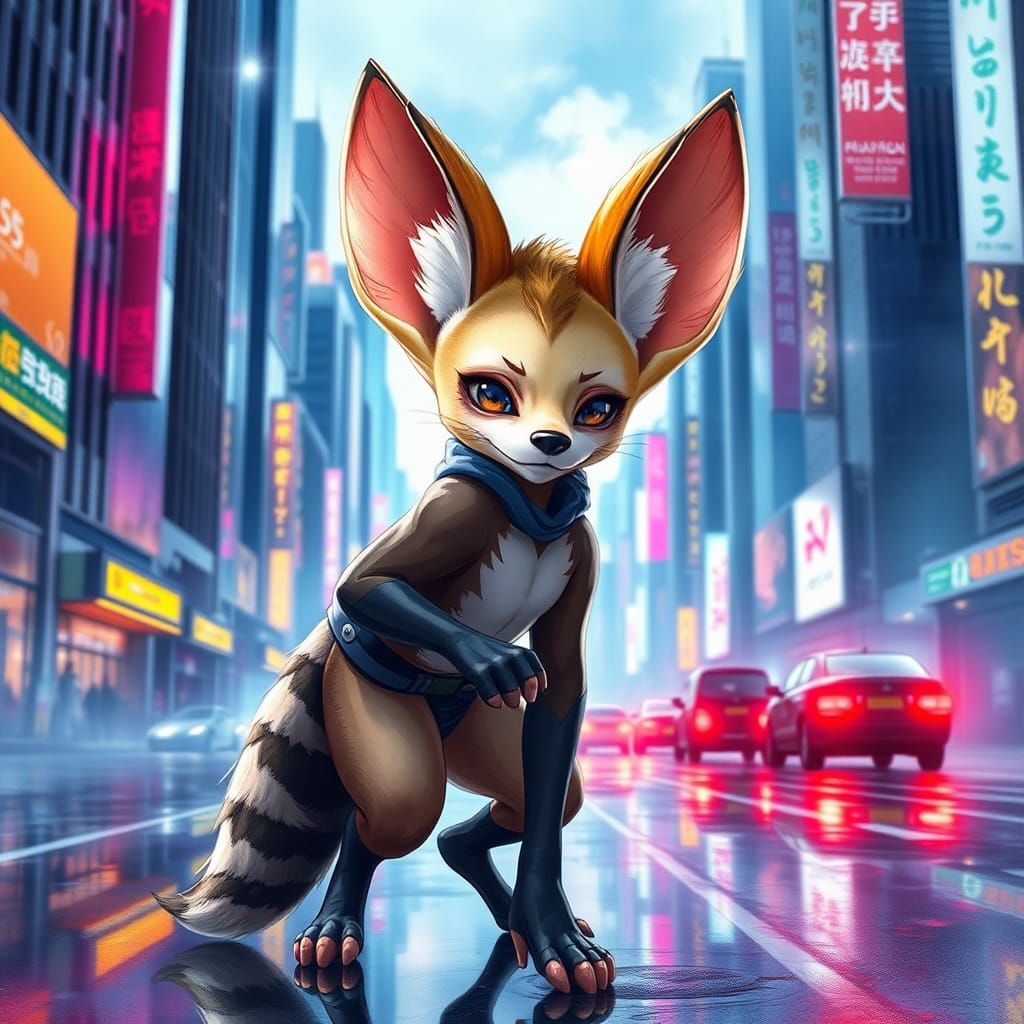 Anime Fennec Boy in Dreamlike Cityscape