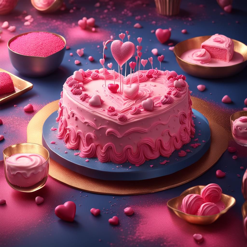 Sweet Pink Heart Cream Cake: Detailed Digital Painting