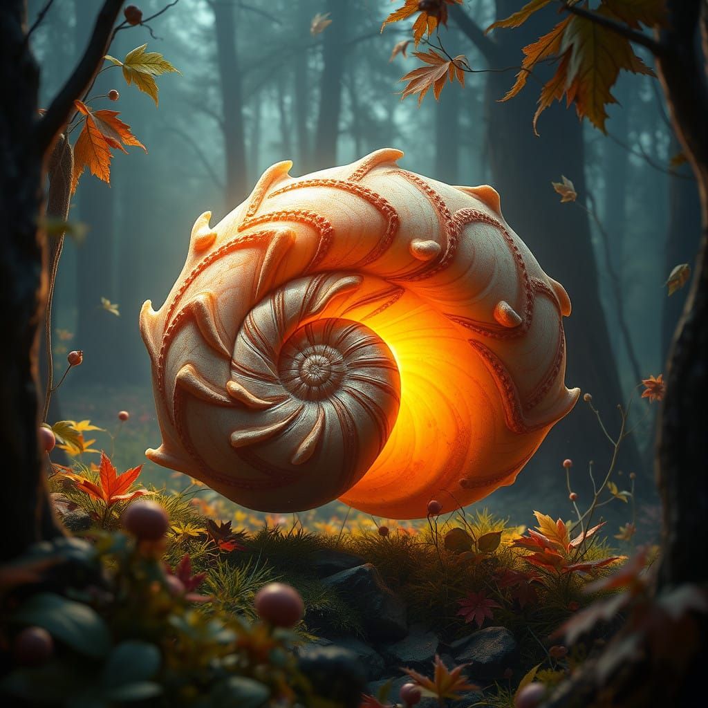 Floating Nautilus in Autumn Forest in Detailed Matte Paintin...