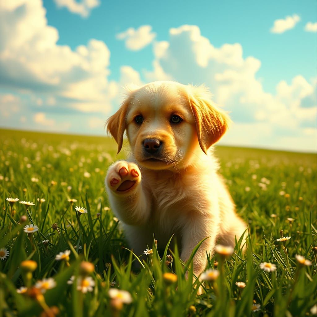 Golden Retriever Puppy in a Serene Meadow