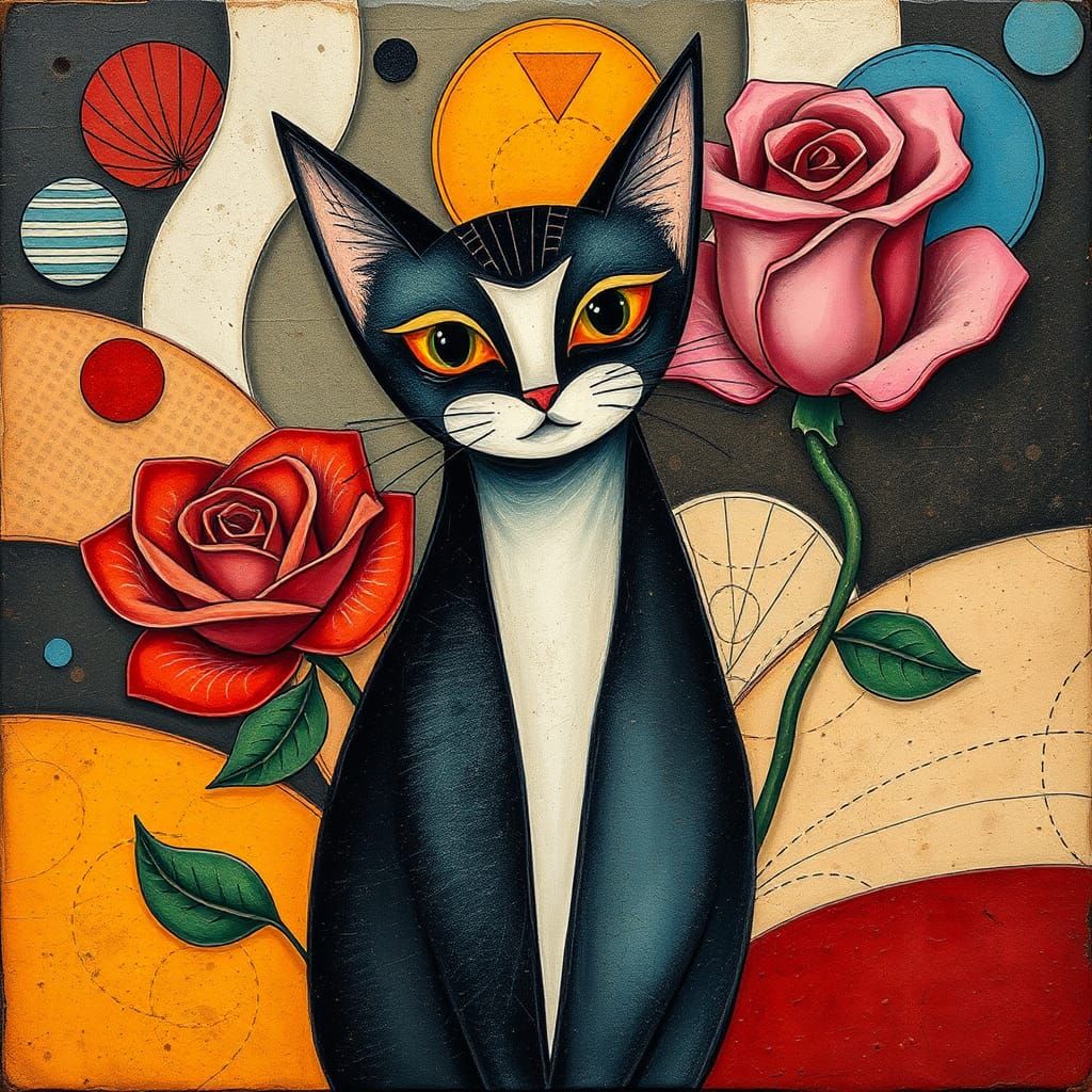 Abstract Surreal Cat and Rose in Retro Deco Style