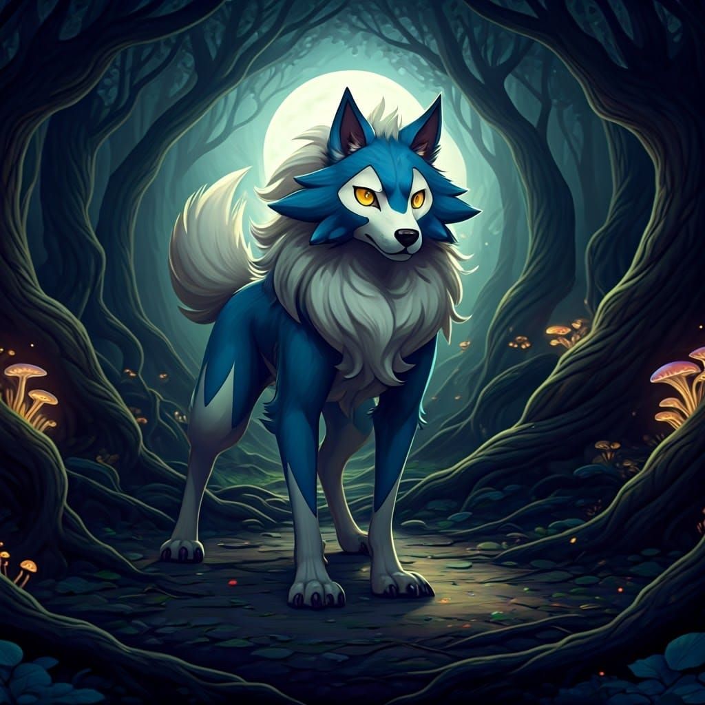 Majestic Blue Lycanroc Illuminated by Moonlit Forest