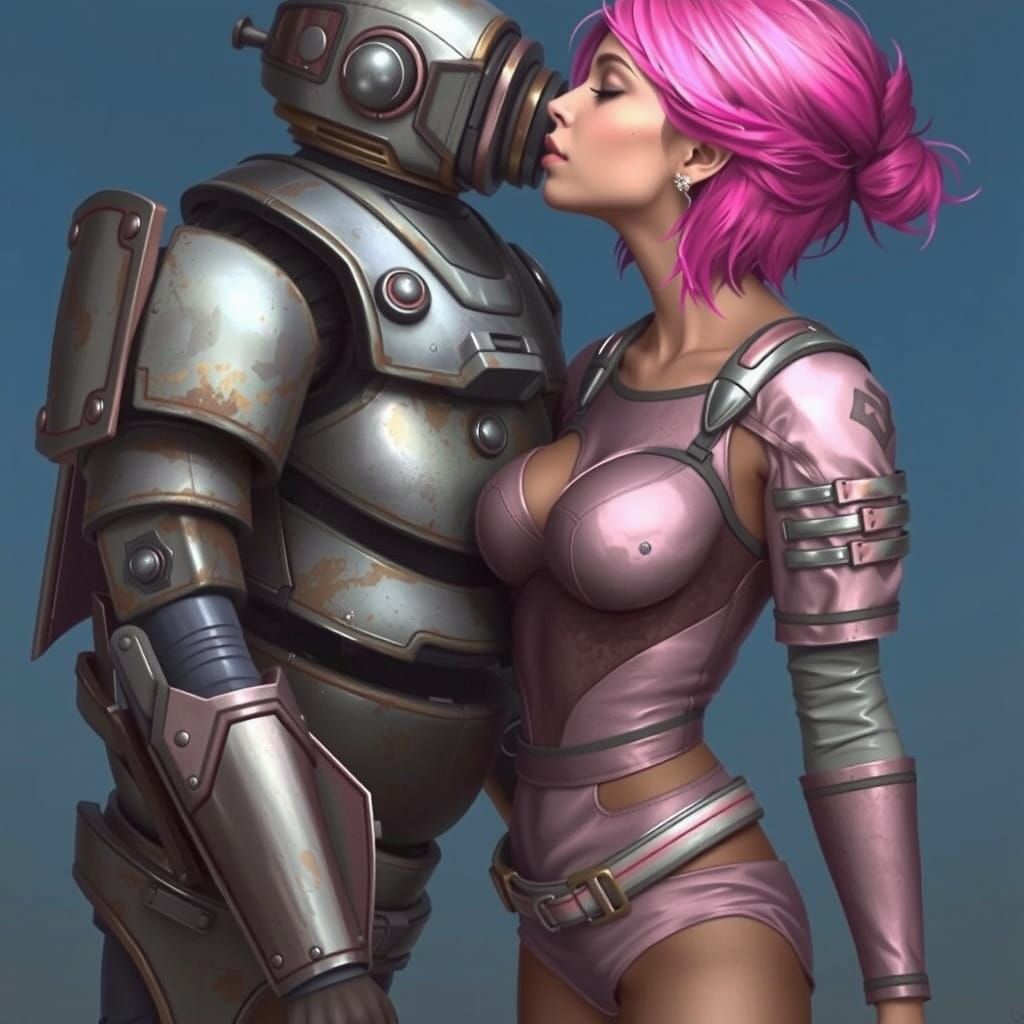 Pink-Haired Woman Kisses Robot in Detailed Digital Painting