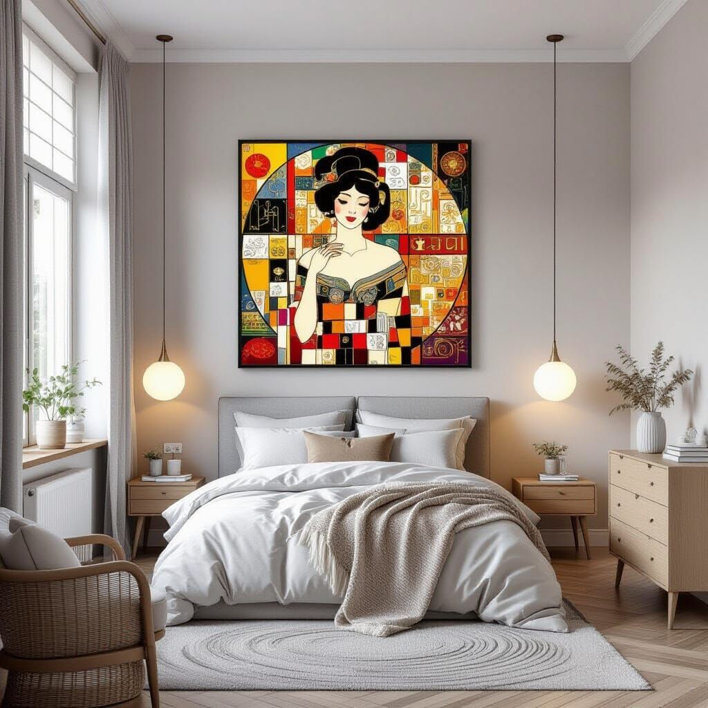 Inviting Bedroom in Golden Light, Art Nouveau Style