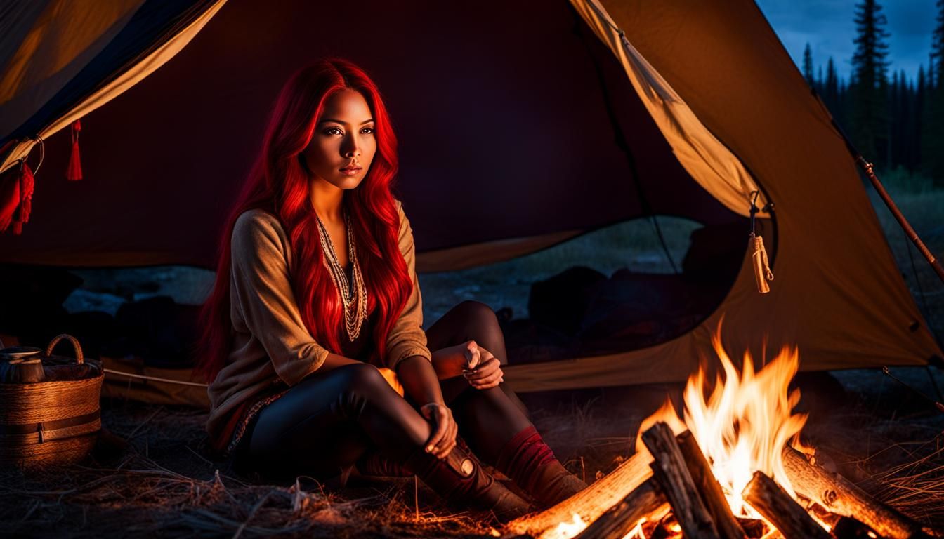 Algonquin Woman by Campfire at Night