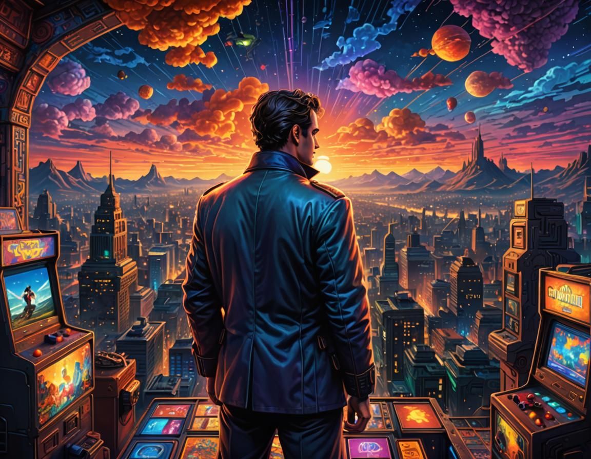 Hero Overlooking Retro Pixel Art Landscape