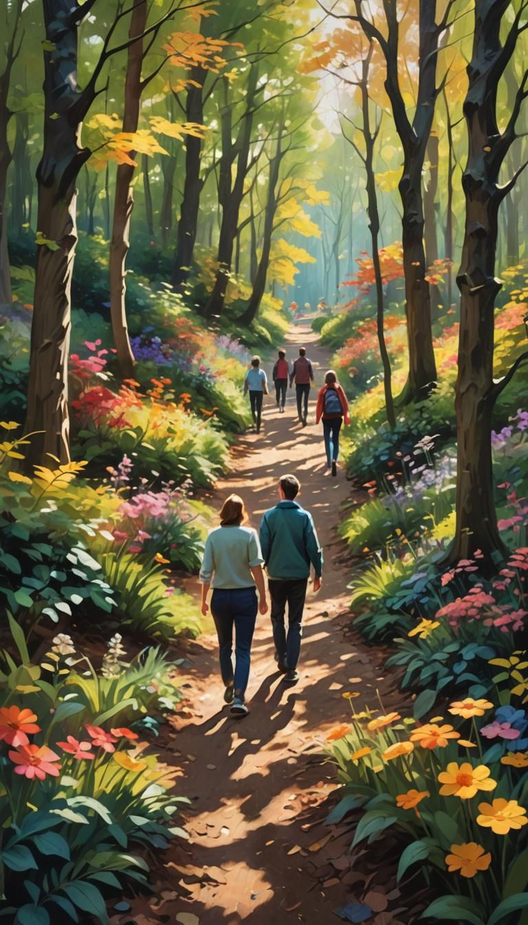 Woodland Garden Walkers in Impressionistic Digital Art
