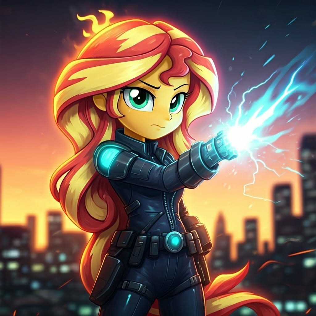 Heroic Sunset Shimmer in Cyberpunk Police Uniform