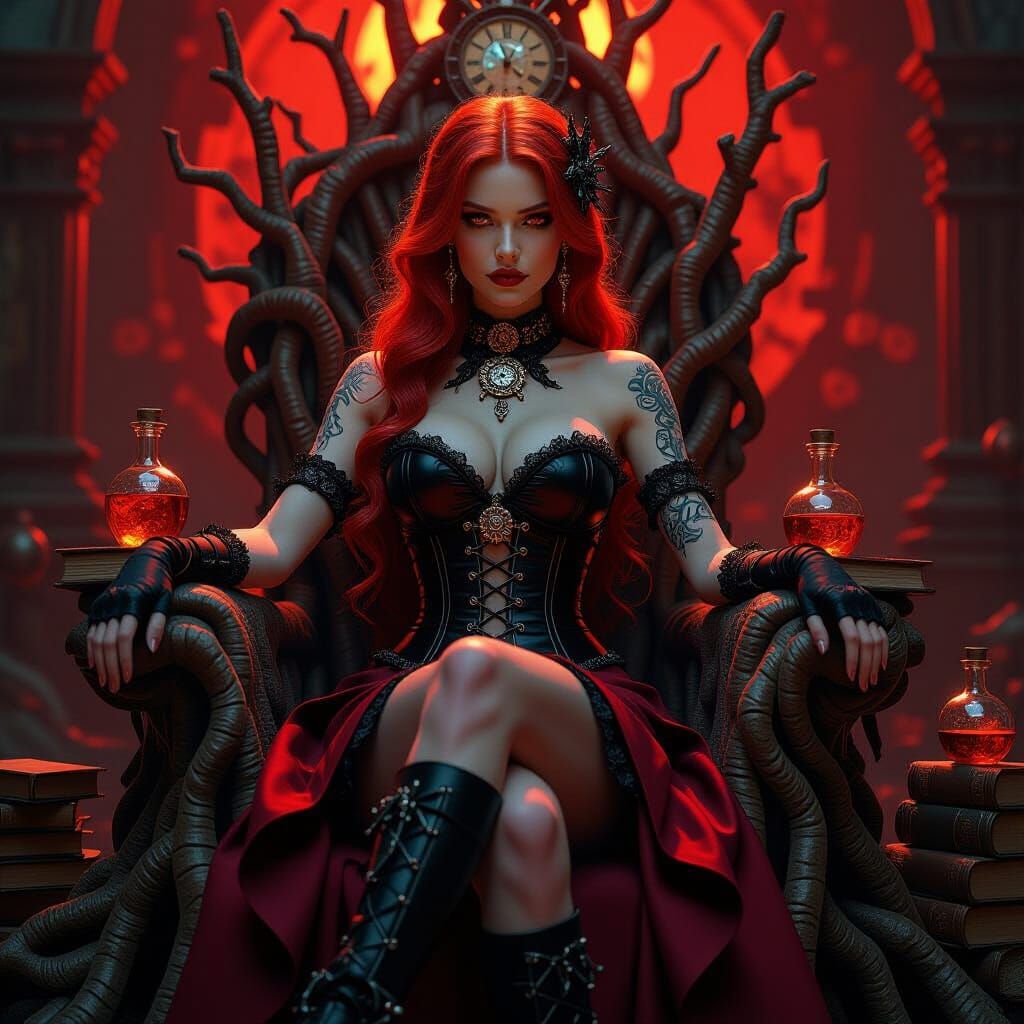 Clockwork Sorceress on Root Throne in Dramatic Lighting