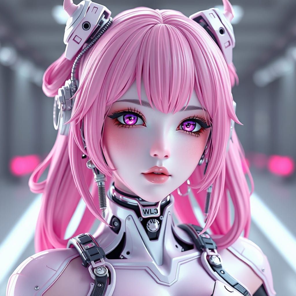 Pink Anime Woman with Mechanical Parts, 3D Art