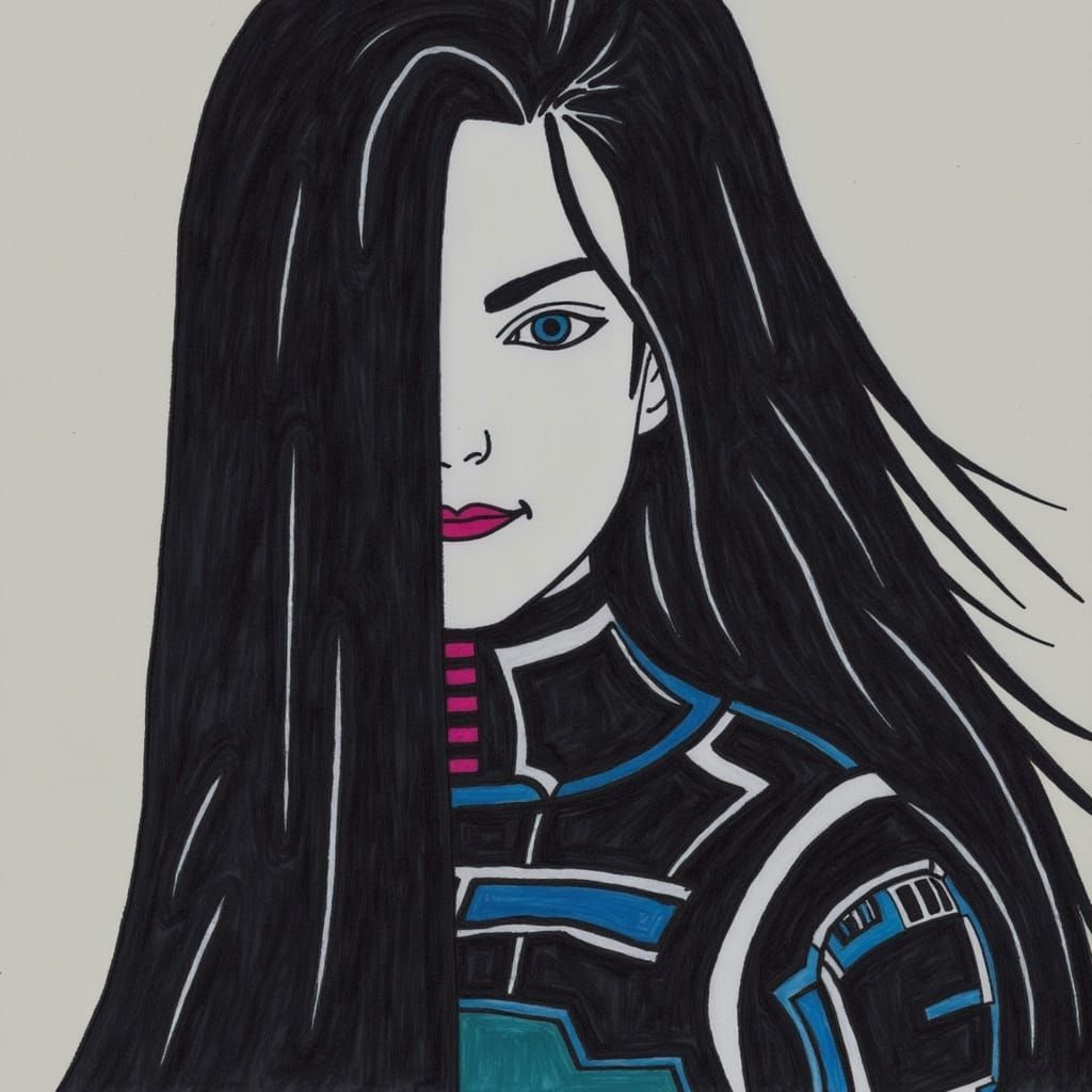 Cyborg Woman with Black Hair in Minimalist Style