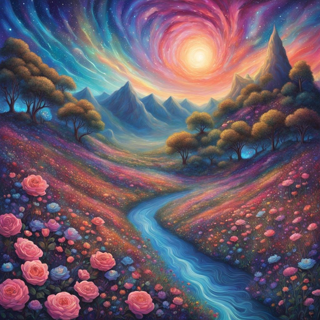 Wild Roses Scatter Cosmic Hills in Vibrant Holographic Art