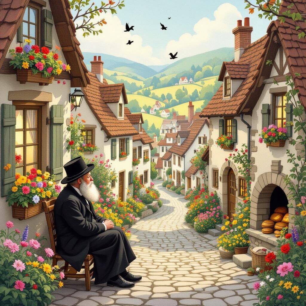 Hassidic Man Envisions Serene Village in Storybook Style