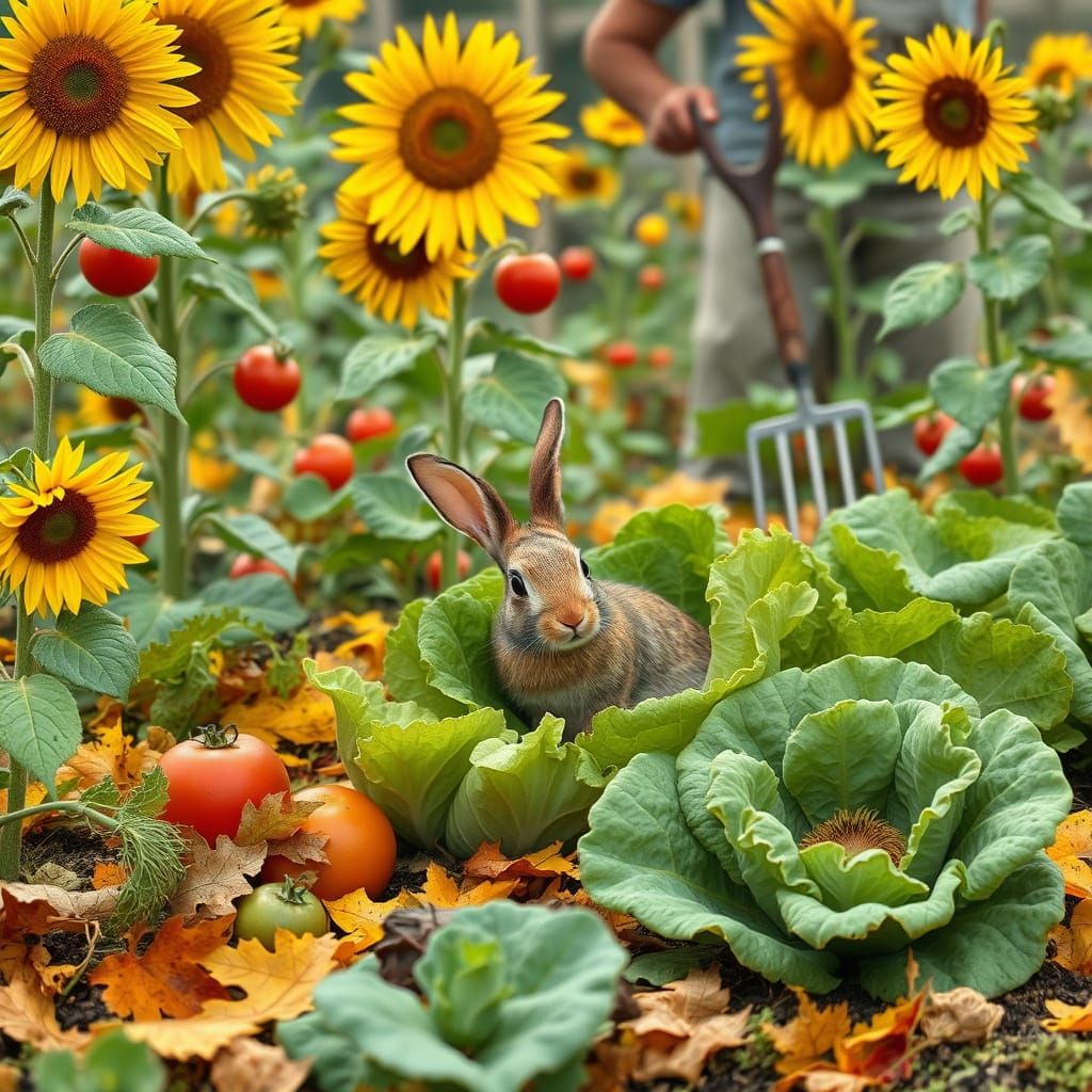 Rabbit Hiding in Fall Garden Amidst Vegetables