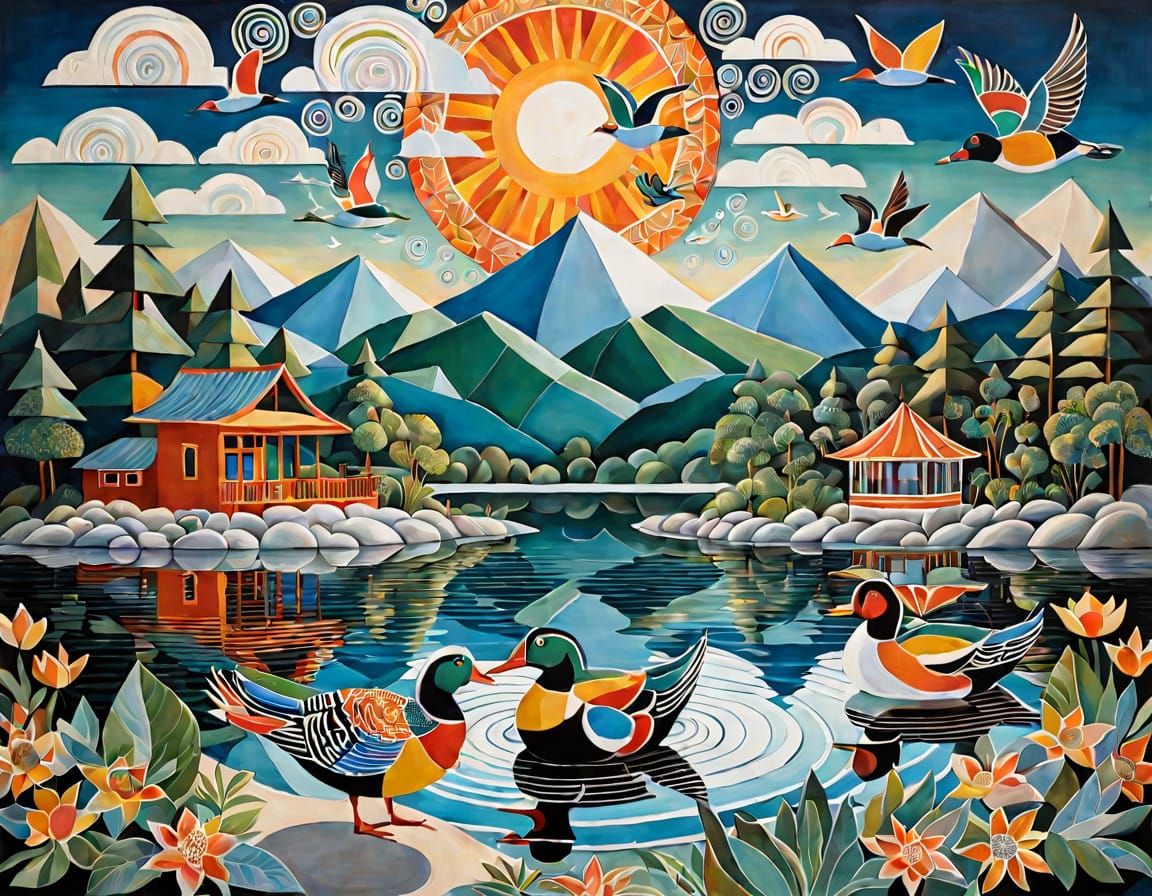 Summer Fun at the Mountain Lake: Whimsical Art