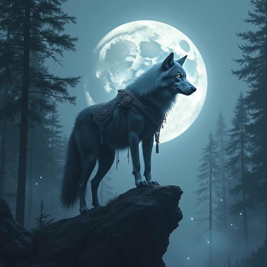 Mystical Wolf on Cliff in Fantasy Digital Art