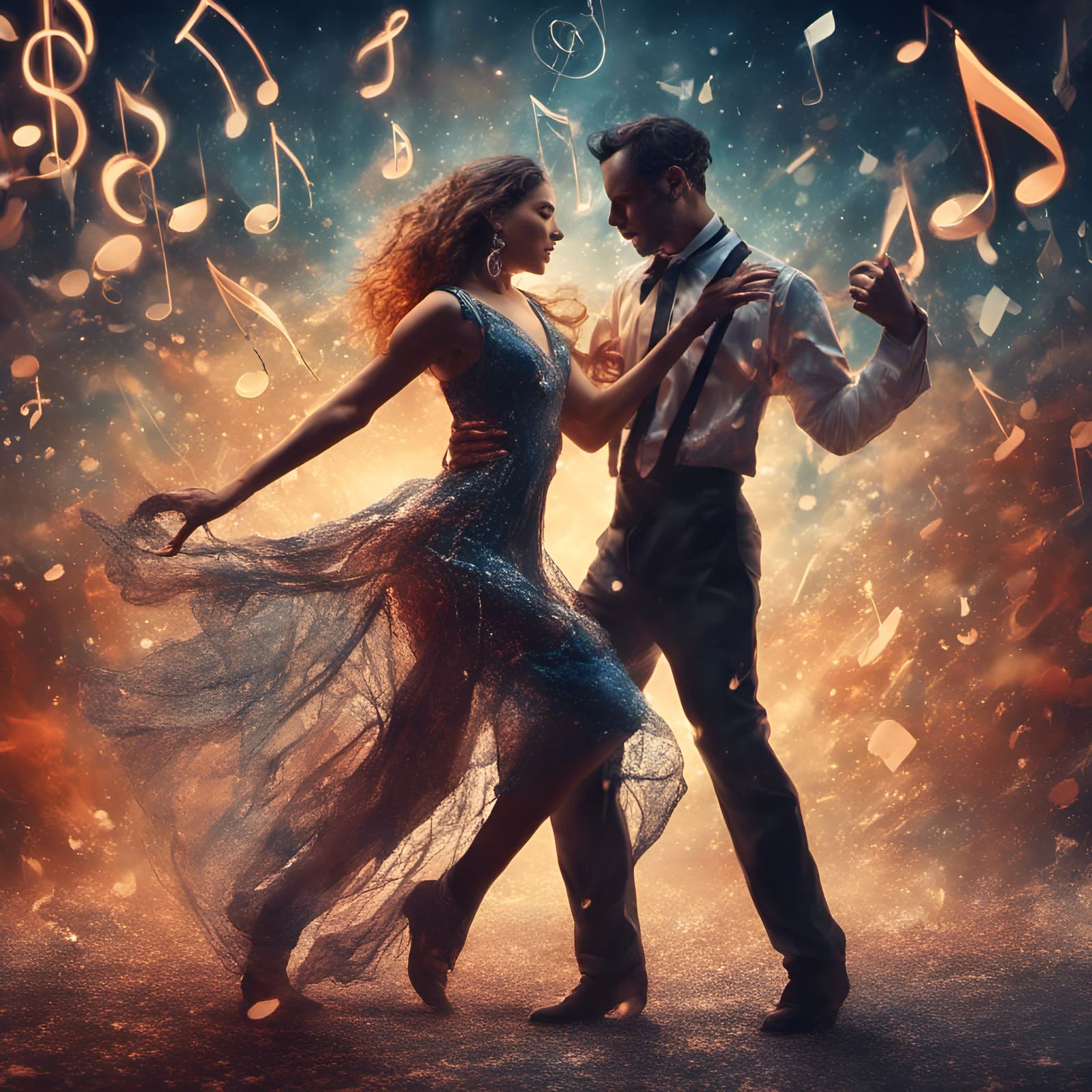 Couple Dancing with Musical Notes in Hyperrealism