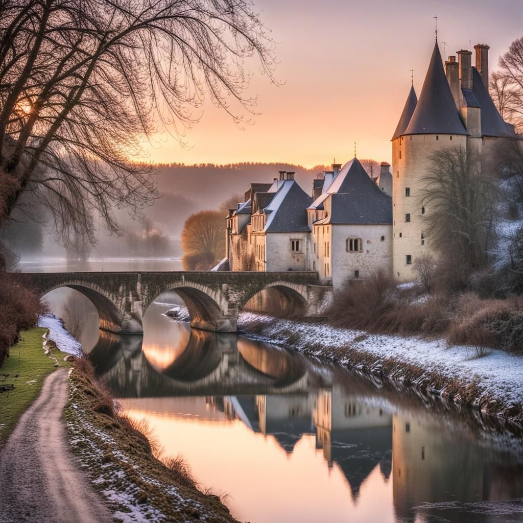 Winter River Scene in Medieval France