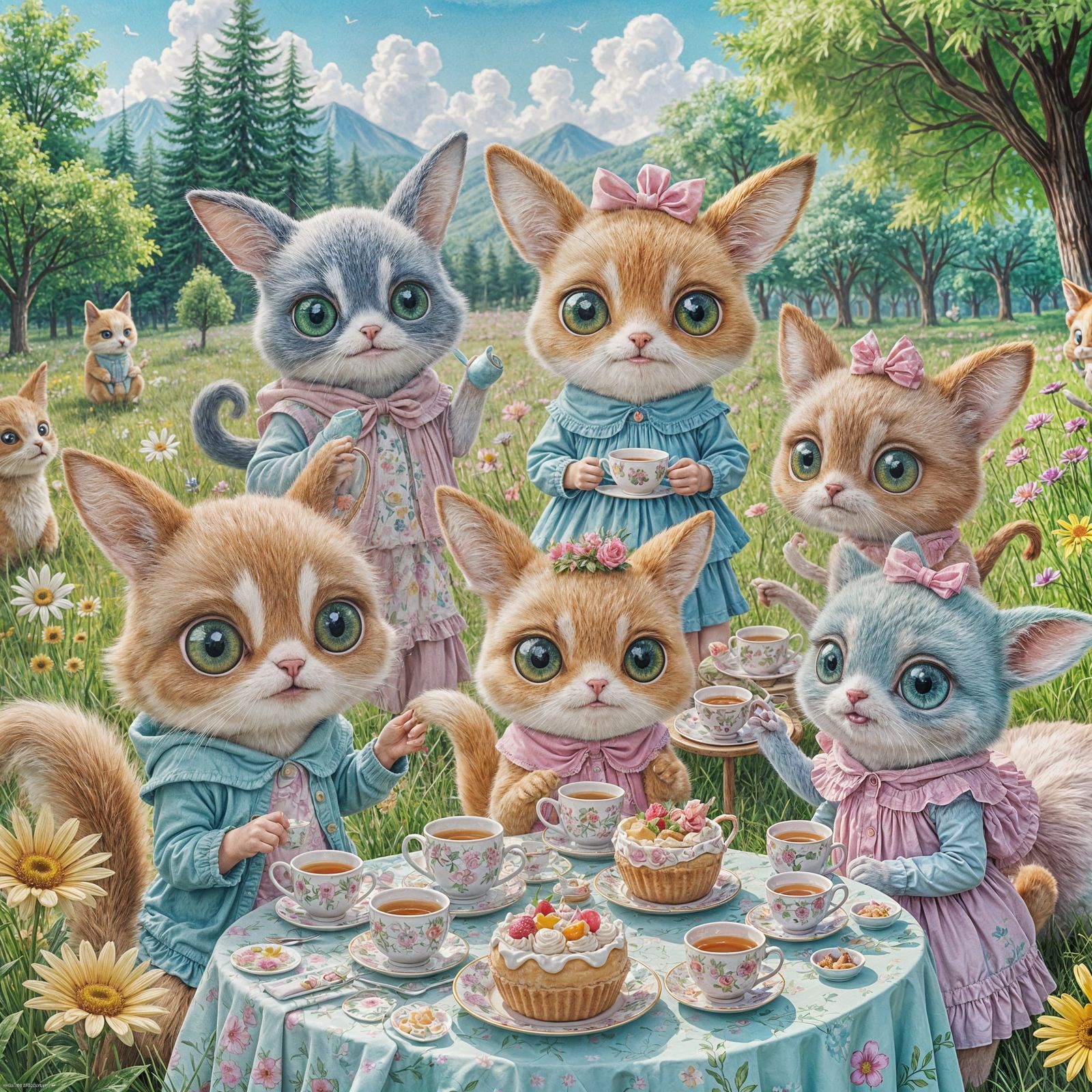 Cartoon Animals Tea Party in Watercolor Style
