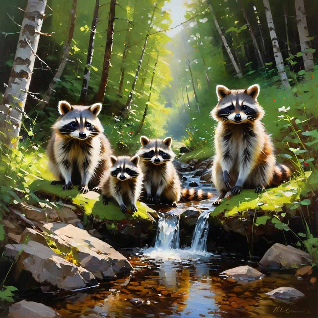 Raccoon Family by a Forest Stream in Whimsical Watercolor St...