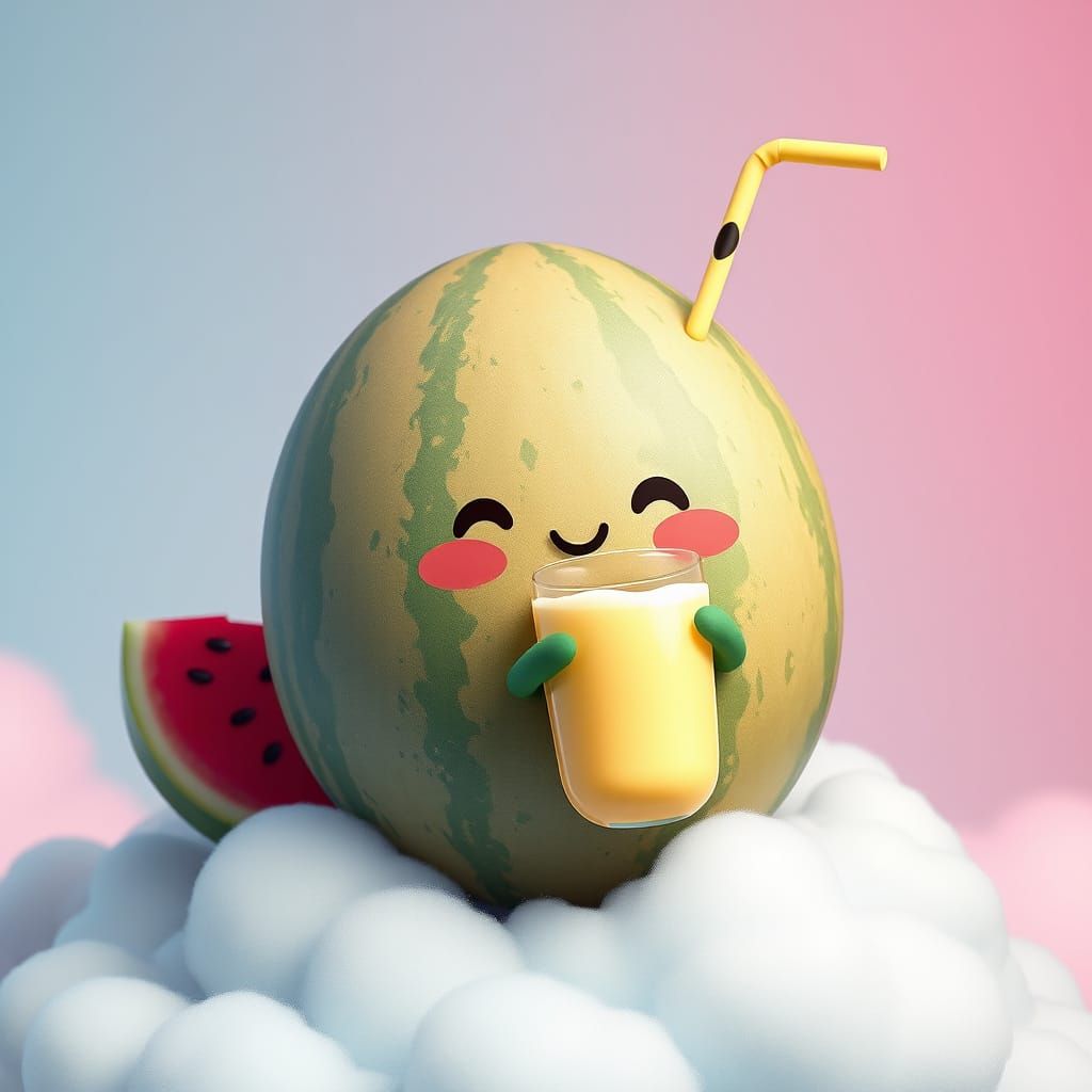Kawaii Watermelon Sips Milkshake on Cloud
