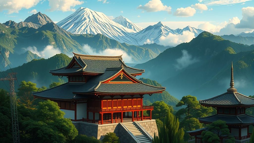 Japanese Temple Amidst Majestic Mountains in Whimsical Anime...