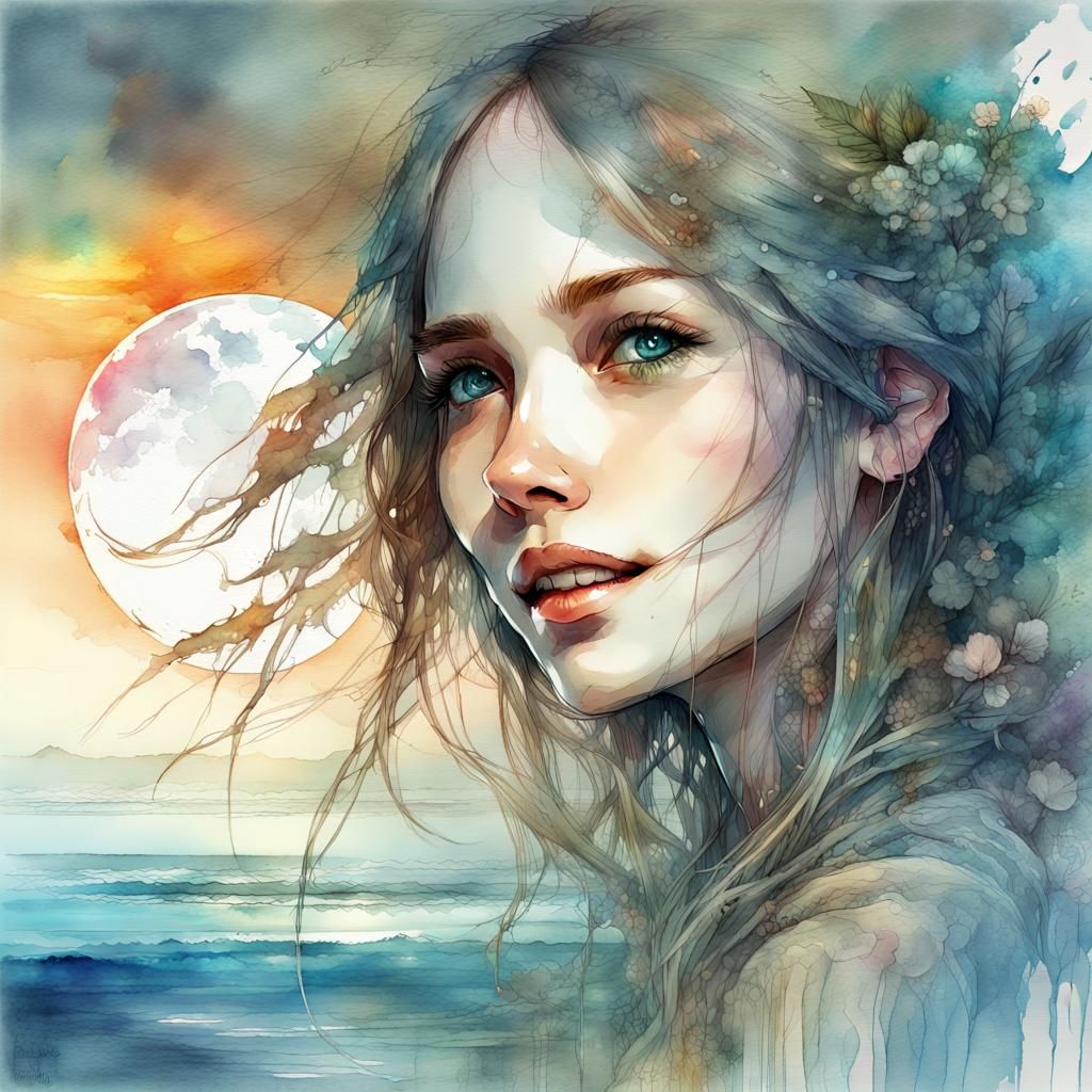 Watercolor Labradorite Girl at Sunset Fantasy