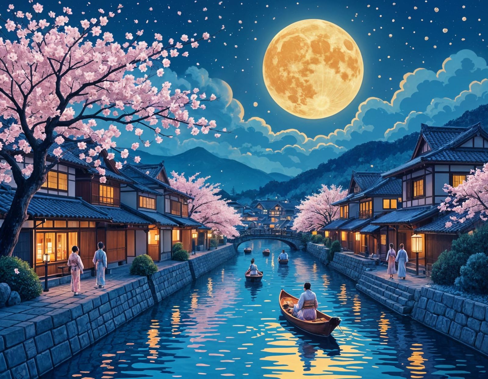 Japanese Riverside Town Under Full Moon and Lanterns