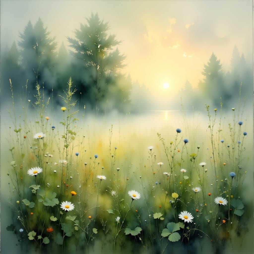 Serene Meadow at Dawn in Golden Light