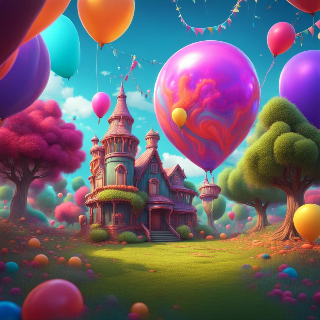 Psychedelic Birthday Background with Balloons and Trees