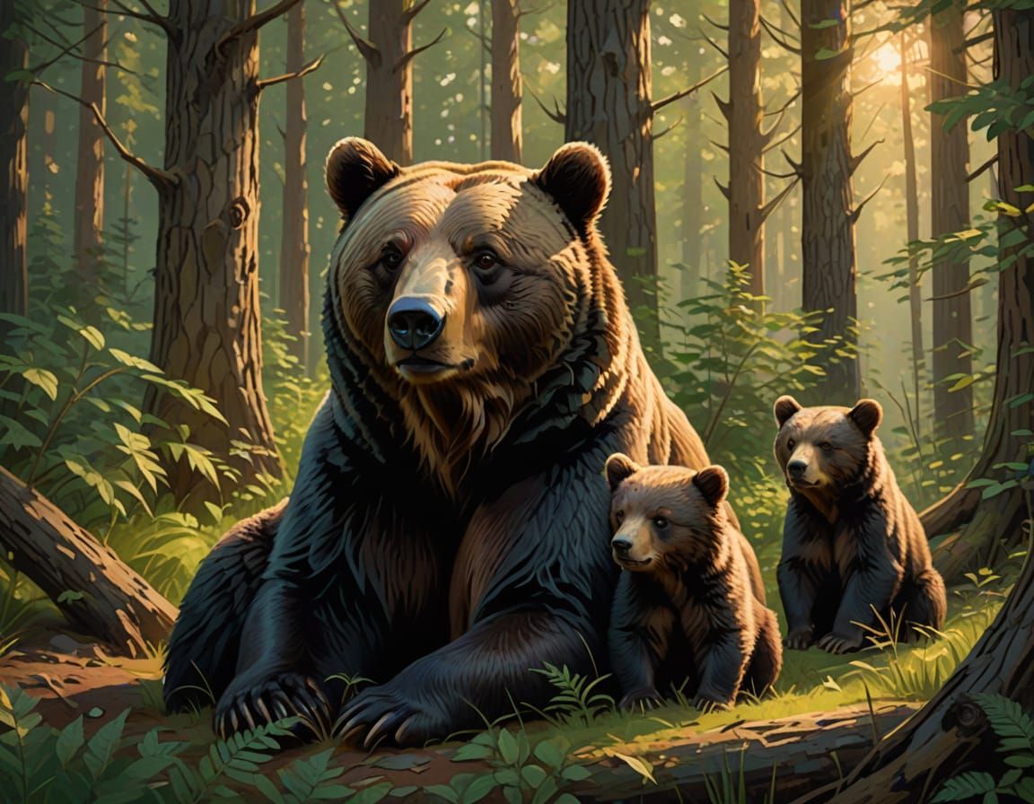 Mother Bear Protects Cubs in Serene Forest
