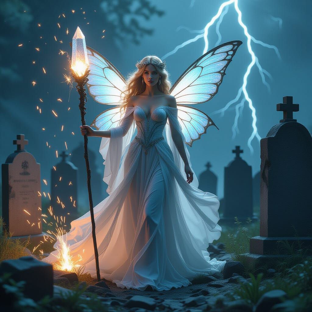 Fairy Goddess with Butterfly Wings in Graveyard