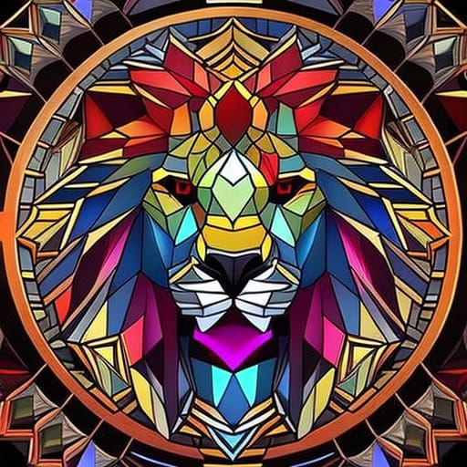 Geometric Lion Head Stained Glass Art