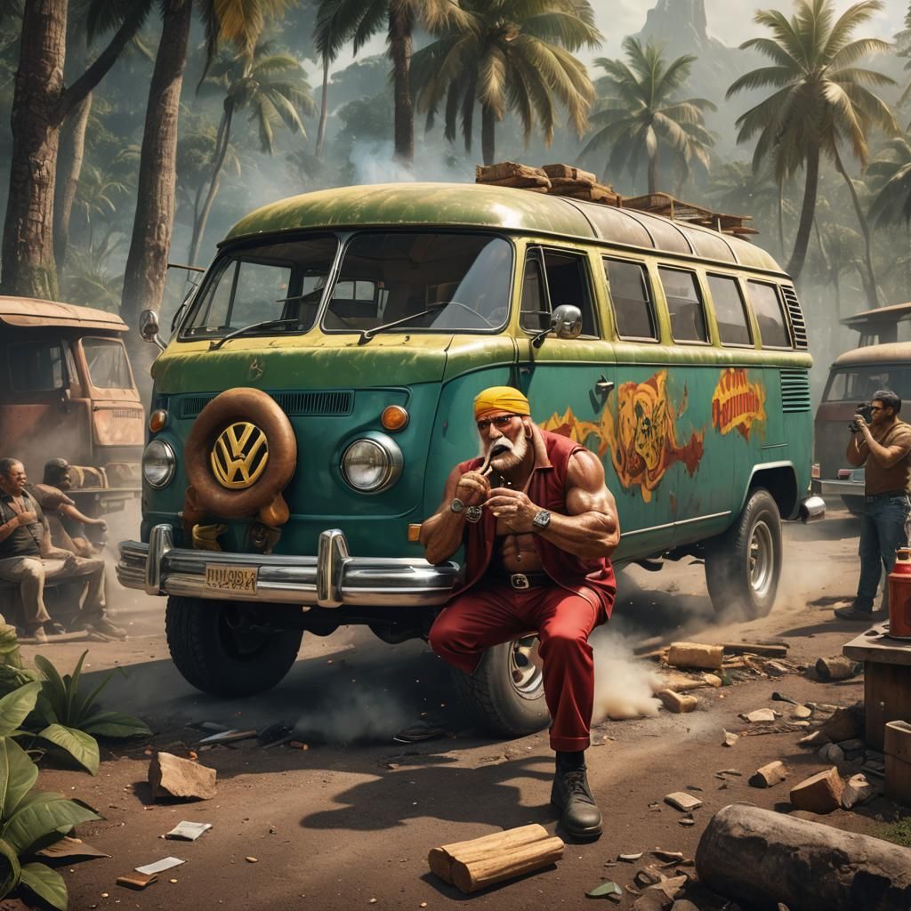 Hulk Hogan Flexing on a VW Bus