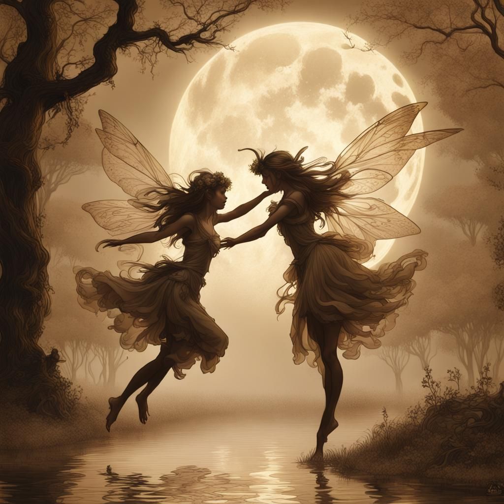 Fairies Dancing by Moonlight in Arthur Rackham Style