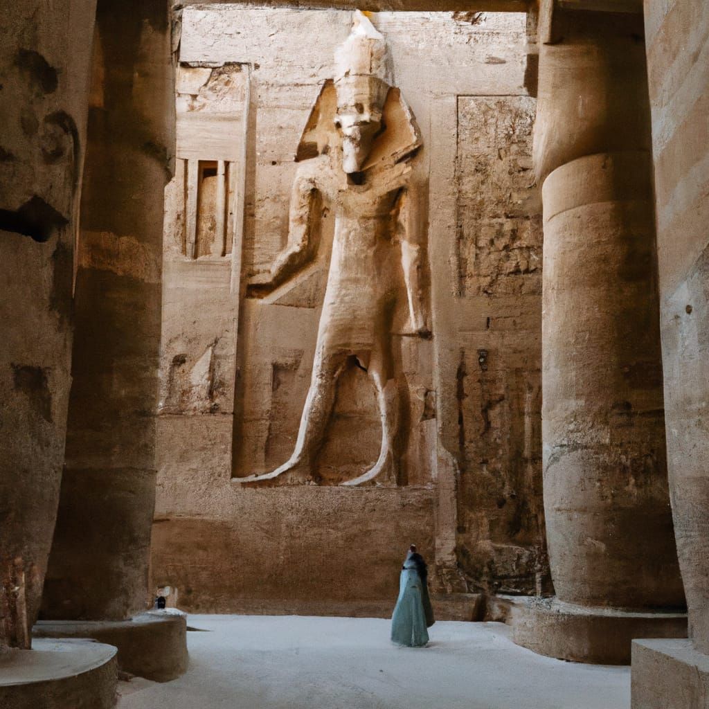 Egyptian Priestess at Canyon Temple with Glowing Hieroglyphs