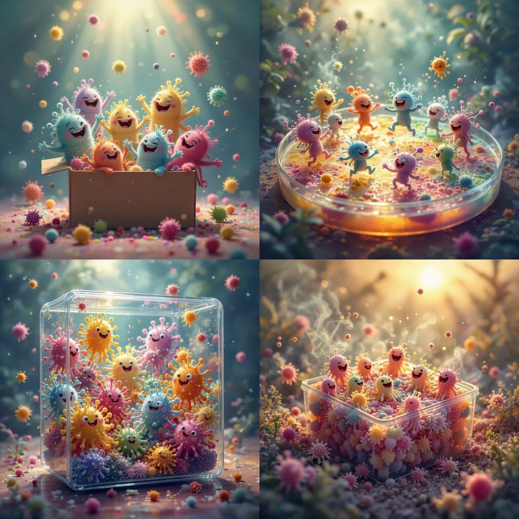 Colorful Microbes Joyfully Playing in Petri Dish