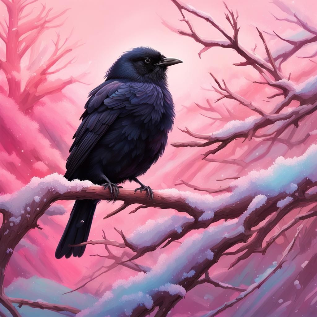 Fluffy Black Bird in Snow: Hyperrealistic Digital Art